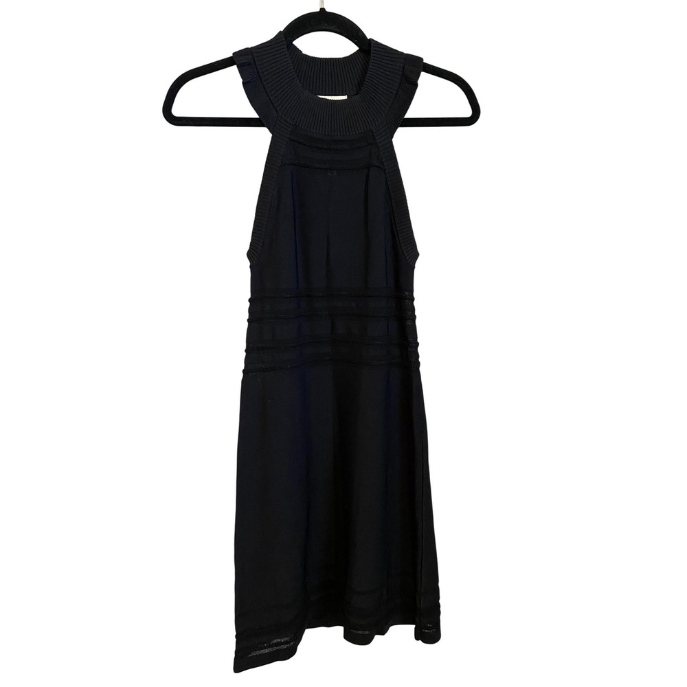 For Love & Lemons Black Knit Halter Mini Dress Mock Neck Mesh KFA16D403 Small